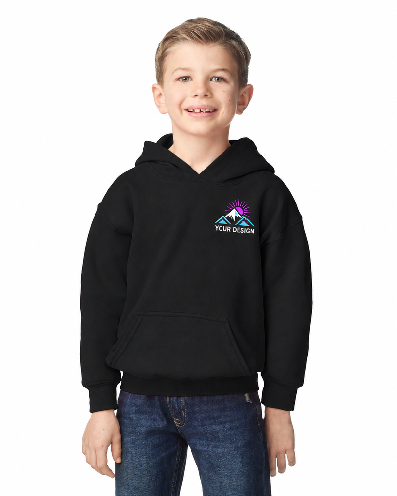 Custom Embroidered Youth Pullover Hoodie – Front Logo and Full Print Back (Black, Left Chest, XS)
