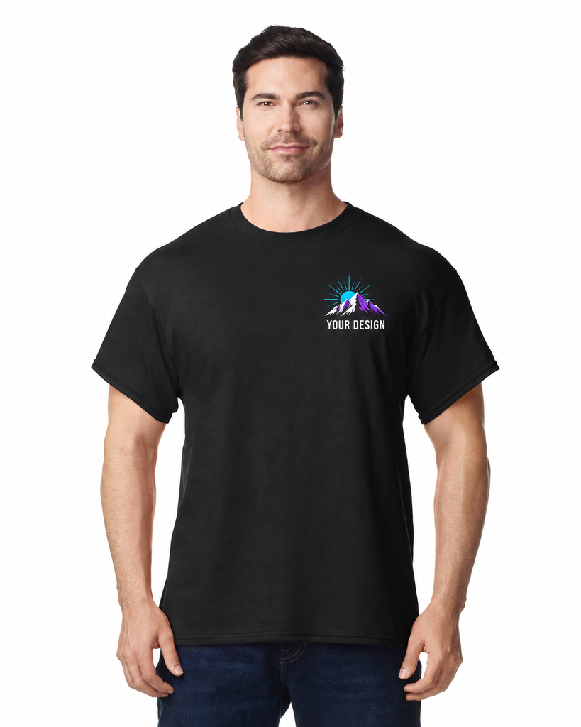Custom Embroidered Tee with Front Logo and Full Print Back (Small, Black, Left Chest)
